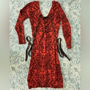 Red and Black Lace-Up sweater Dress